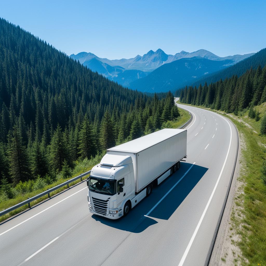 Aerial view of white semi-truck on mountain highway